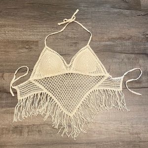 Sans Souci Fringe Crochet Halter Top, Natural, Size Medium (GST2060)
